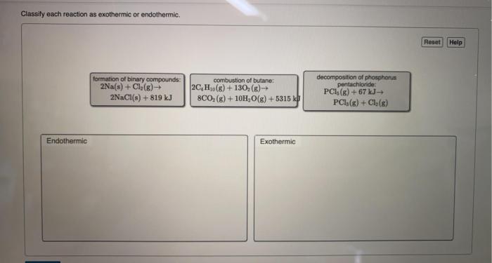 Classify each reaction as exothermic or endothermic